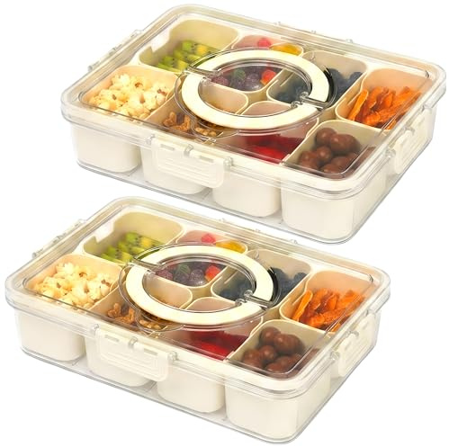 LIVIVO 2-pack Snack Box with Compartments - 8 Removable Trays, Portable Snack Tray with Lid, Handle, Snap Locks - Silicone Seal, BPA Free - Ideal for Fruit, Snacks, Nuts, Spices, Picnics & Parties