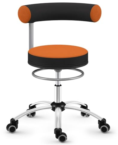 Sanus®-Gesundheitsstuhl | Rollhocker mit 360° Lehne, höhenverstellbarer Lehne, Sitzhöhe 36-43 cm, Stoffbezug orange/schwarz, Rollstopp-Rollen. Ergonomischer Bürostuhl, Erzieherstuhl