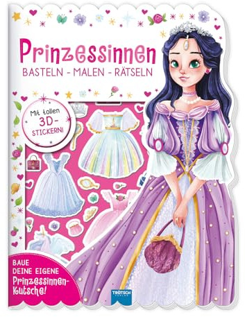 TRÖTSCH - Beschäftigungsbuch Prinzessinnen | Kreatives Prinzessin Bastelbuch mit spannenden Rätseln, Malvorlagen und buntem 3D-Kutschen-Modell: Verbastelbuch mit vielen 3D-Stickern | Ab 3 Jahren