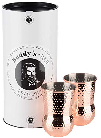 Buddy´s Bar - 2 gobelets à cocktail Julep Mugs, 2 x 400 ml, avec effet martelé, en acier inoxydable de qualité alimentaire, martelé, avec boîte cadeau, lot de 2, cuivre poli