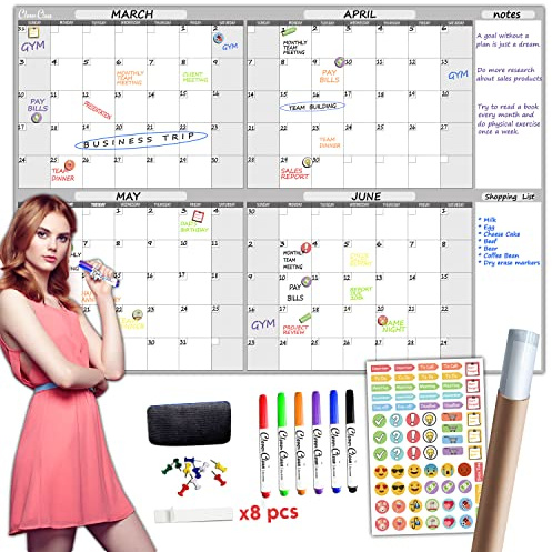 Large Dry Erase Wall Calendar - 36 x 52 Undated 4-Month Calendar for Home, Office, School - Reusable Jumbo Laminated Task Organizer