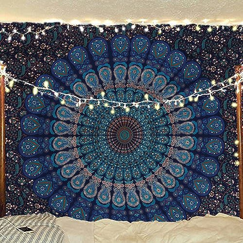 Bless International Indian hippie Bohemian Psychedelic Peacock Mandala Wall hanging Bedding Tapestry (Blue Green, 101.60L X 76.20W cm)