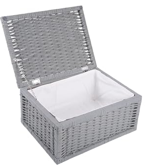 green leaves Storage Boxes with Lids, Large Grey Wicker Storage Basket with Lid, Wicker Lidded Baskets Storage, Large Hamper Basket for Gift Empty (Medium)