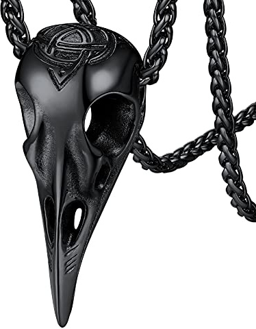 FaithHeart Collier Viking Tête de Corbeau Noir Pendentif Crâne de Cordeaux Os d’Oiseaux Bijoux Nordique Celtique Cadeau Anniversaire Noel pour Homme