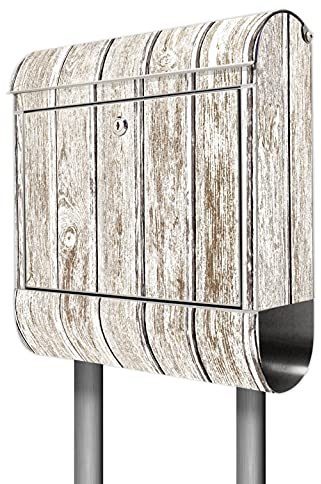 banjado® Briefkasten mit Standfuß Motiv Weißes Holz - Stand Briefkasten Edelstahl mit Zeitungsfach - Postbox/Postkasten A4 Einwurf inkl. Montagematerial & 2 Schlüssel