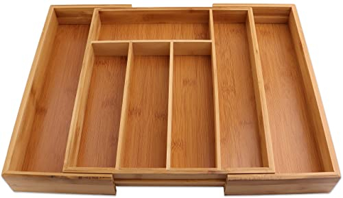 DIVCHI Wooden Cutlery Drawer Organizer | 7 Compartment Extendable Bamboo Utensils Holder | Knife and Tray Rack