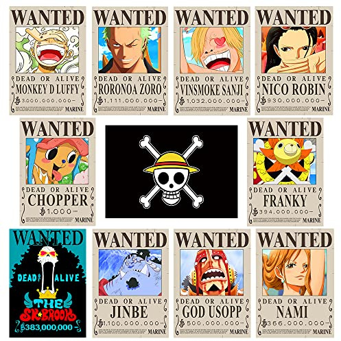 TYZZHOA FIDRTH 15in×11in Anime One Piece Wanted Bounty Posters, New Edition, 10 Straw Hat Pirates Crew Zoro, Sanji, Luffy, a Set of 11PCS
