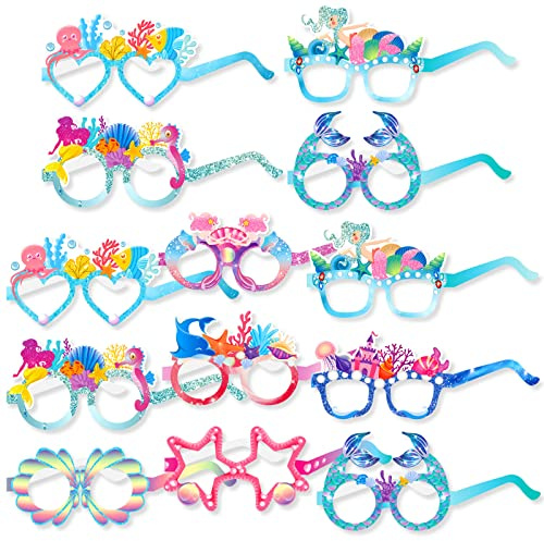 DPKOW 27pcs Mermaid Party Glasses, Paper Mermaid Eyeglasses Under the Sea Photo Booth Props Supplies, Funny Summer Party Eyewear Glasses Frame for Birthday Costume Accessories