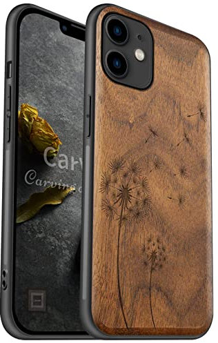 Carveit Coque Compatible avec iPhone 11 Étui en Bois [Etui en Bois Rigide Antichoc avec Cadre en TPU] pour 11 Premium Coque de Protection (Noyer-Fleur de Pissenlit)