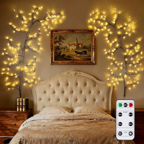 GOESWELL Willow Vine Wand Deko Wohnzimmer: 144 LEDs Indoor Tree Vine Dekorative Lichter mit Fernbedienung On/Off Dimmer Geeignet für Schlafzimmer Wohnzimmer Weihnachtsdeko - Braun