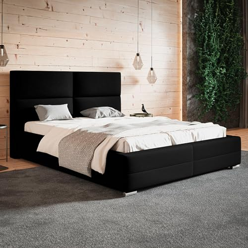 MOTIVENA Malaga Bett 180x200 Schwarz Samt, mit Stauraum, mit Kopfteil, mit Lattenrost, mit Füßen, ohne Matratze, Polsterbett 180x200 mit Bettkasten Schwarz