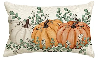 Artoid Mode Funda de cojín con diseño de tres calabazas naranja y eucaliptos, 30 x 50 cm, funda decorativa de temporada otoñal, para decoración de salón y sofás