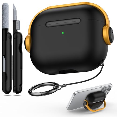 R-fun Case Compatible with Airpods 3rd Generation with Secure Lock, Music Headset Earphone Protective Case Cover with Cleaning Kit Compatible with Apple Airpods 3 2021 case,Black & Yellow