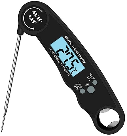 FamilyMall Digital Meat Thermometers for Air Fryers Cooking IPX6 Food Thermometer Instant Read BBQ Kitchen Thermometer with Foldable Long Probe and Backlight Screen Magnetic Back Bottle Opener Black