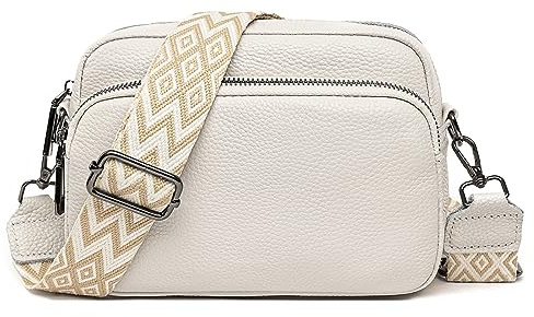 DXIOKO Crossbody Bag Damen Breiter Gurt, Echtes Leder Umhängetasche Damen Klein Schultertaschen, Mode Crossbag Damen Handytasche Zum Umhängen mit 3 Reißverschlussfächern, Beige