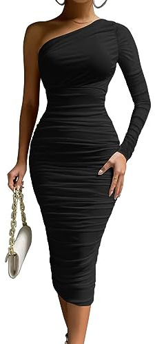 LAGSHIAN Women's Bodycon One Shoulder Long Sleeve Midi Party Dress Black
