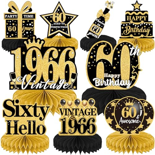 Luvart 60th Birthday Decorations - 9pcs 60th Birthday Decorations for Men Black and Gold Table Decorations for Birthday Party Men Women Honeycomb Decs Vintage Table Decor Supplies