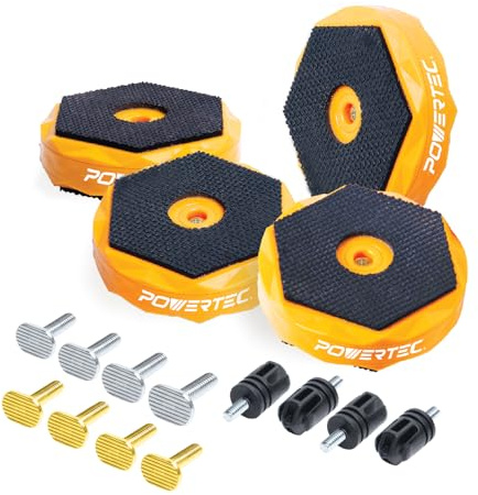 POWERTEC T Track & Work Bench Stops Plus Work Grippers and Finishing Cone Fits 3/4 Bench Dog Hole, Bench Dog Cookies for Sanding, Routing, Finishing & Painting, 4PK (71820)