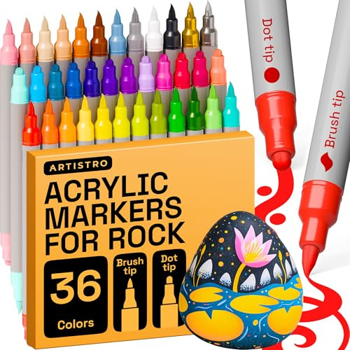 Artistro Acrylstifte für Stoff, Steine, Papier, Holz, Leinwand, Glas, Heimwerken – Sicher für Kinder, Acrylfarbenstifte mit Doppelspitze (Punkt + Pinsel, 36)