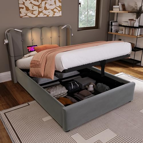 MYBOO Polsterbett 90x200, Einzelbett mit Stauraum und Lattenrost, Kopfteil mit Leselicht und USB Ladefunktion, Hydraulisch Stauraumbett Funktionsbett Jugendbett Bettgestell, Samt, Grau, Ohne Matratze