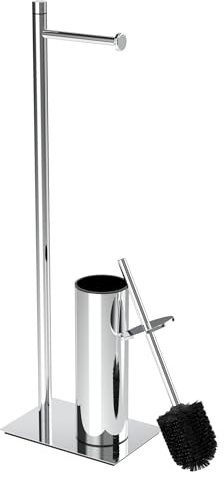 RUACQ Toilet Roll Holder with Toilet Brush Free Standing, Chrome | Toilet Paper Holder & toilet brush and holder set, All-in-One Bathroom Accessory Set, Heavy Duty 304 Stainless Steel