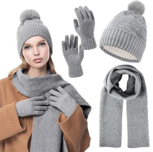 Mössa halsduk handskar set för kvinnor, 3 stycken vintermössor halsduk handskar set damer vinter varm plysch beanie mössa lång halsduk pekskärm handskar med fleece fodrade, vinterset gåva, GRÅ, M
