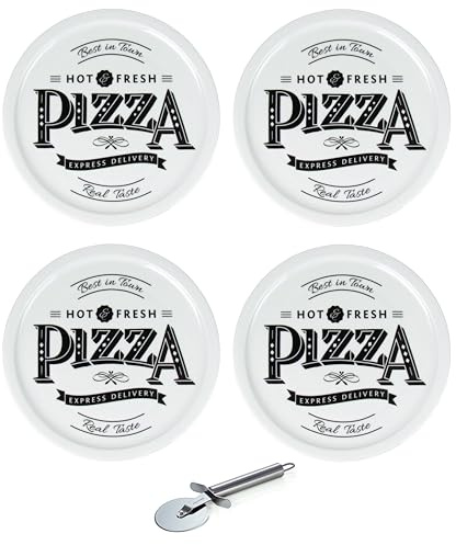 Lentz Pizzateller Ø 31cm aus Porzellan mit Retro Pizza Schriftzug - wahlweise inkl. Pizzaschneider (4er Set mit Pizzaschneider)