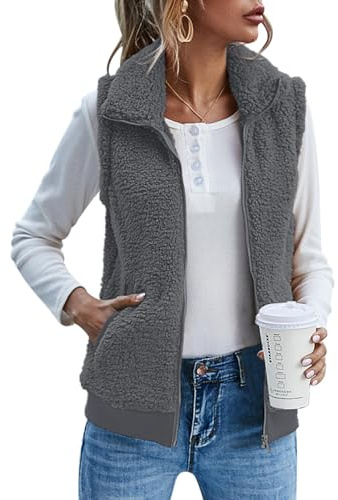 IECCP Westen Teddy Fleece Ärmellose Schwarze Weste Damen Lässig Fleecepulli Damen Hohe Qualität Superweich Damen Fleecejacke(Dunkelgrau,L)