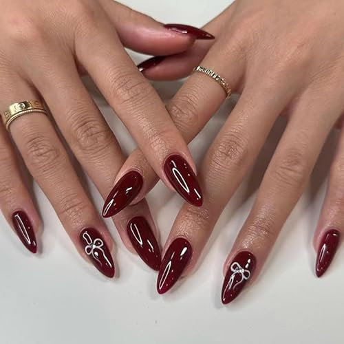 Kaiperala 24pcs Medium Length False Nails Almond, Burgundy Press on Nails Cherry Red White Bowknot Stick on Nails Removable Glue on Fake Nail Tips Halloween Christmas Accessories for Women Girls