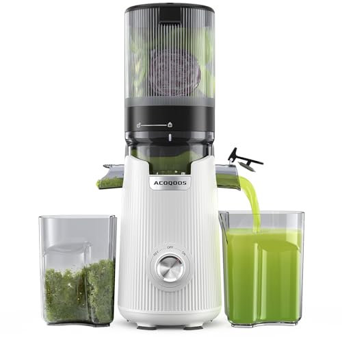 ACOQOOS Presse - fruits pour légumes et fruits entiers, goulot d'alimentation plus large de 135 mm, capacité de remplissage de 1,8 L, Machine à jus lent facile à nettoyer avec 2 verres, Blanc