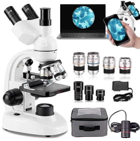 Soflightmok Microscopio Trinocular Compuesto, Aumento De 40x-5000x, Microscopio Led Compuesto Trinocular De Laboratorio Digital con Ocular ElectróNico/RotacióN De 360°/Etapa MecáNica,White