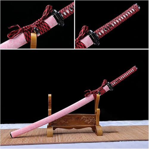 Massivt trä katana med slida, riktiga samuraj träningssvärd, handgjord träningskniv i trä, Kendo, för insamling, Iaido cosplay tillbehör, kampsporter-Rose Red||103CM