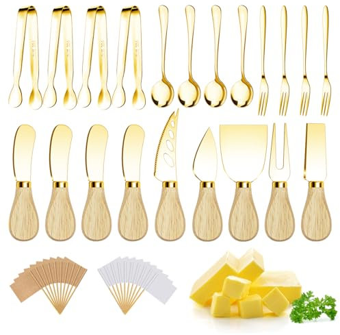 Charcuterie Boards Accessories Gold Charcuterie Utensils Cheese Butter Spreader Knife Set with Wooden Handles Small Serving Tongs Mini Forks and Spoons Flags Toothpick for Party Platter Appetizers