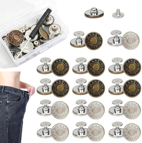 Buttons for Jeans, 14 PCS Jean Button Pins with Storage Box, 17mm No Sew Adjustable Pant Waist Tightener, Replacement Jean Button Pins for Pants, Jeans, Bags, Denim Clothing (Bronze+Silver)