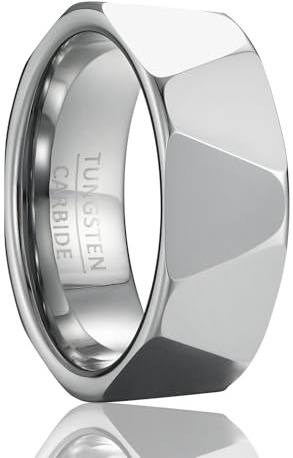 SOXEMAN Herren 8mm breiter facettierter Wolfram-Hochzeitsring mit alternierendem geometrischem Schliff (US-Größen) | Poliertes Silber | US-Größe 11 (64,7 mm)