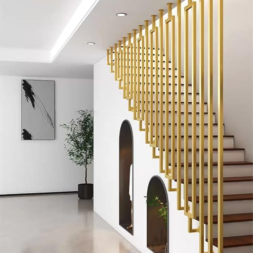 Main courante en L Rampe d'escalier à montage latéral, Kit complet de garde-corps d'escalier de main courante de transition en fer forgé à tube carré pour intérieur et extérieur, Doré(Frame Handrail,3