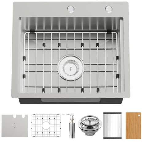 21x18 Inch Kitchen Sink With Dust Lid-Stainless Steel Drop In Single Bowl Built-in Ledge Topmount Workstation Sink Fully Covering Sink To Maintain Cleanliness Suit Outdoor&Indoor Kitchen