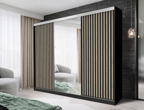 FHI_kingston Modern Mirrored Sliding Wardrobe with Shelves, Hanging Rails Bedroom Furniture available in White, Black Grey, Oak | Sizes: 150, 180, 203, 250cm (Black, 250)