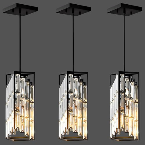 Esfos Black Pendant Lights Kitchen Island 3 Pack, Mini Crystal Chandeliers, Modern Pendant Lights Ceiling Lighting Fixtures for Kitchen Island, Dinning Room, Bedroom