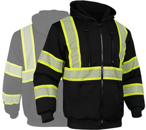 GLIMMR High Visibility Safety Hoodie Reflective ANSI Class 3 Sweatshirts for Men Hi Vis Construction Work Zipper Jackets,Black L