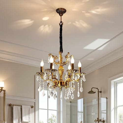 Vrygle Lámpara de Araña de Cristal de Lujo: Lámpara de Techo con Velas en Bronce Antiguo con 6 Bombillas LED Filamento, Lámpara de Techo Candelabro para Comedor, Dormitorio e Isla de Cocina, 55x55cm