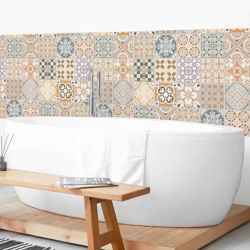 micasia Wandverkleidung Bad selbstklebend wasserfest mit Motiv fugenlos Wandpaneel - made in Germany - Design Hartfolie matt beige Badrückwand Fliesenoptik Vintage statt Fliesen 1438-P (150x70cm)