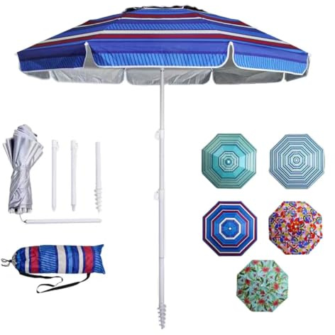 LOTTAFUN 6.5ft Beach Umbrella - Heavy Duty Wind Resistant UV 50+ Portable Sun Shade with Sand Anchor & Carry Bag, Outdoor Folding Umbrella for Beach, Pool, Patio, Garden (Blue color strip)