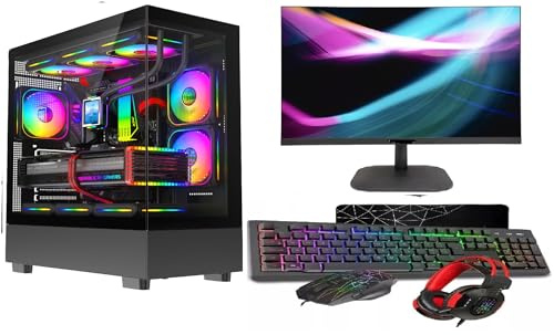 ASC Gaming PC Bundle: AMD Ryzen 5 5500-16GB RAM - 1TB NVME HDD - RTX3050 6GB Graphics - 22 Monitor -Windows 11, Black RGB 9 Fan Glass Gaming Case