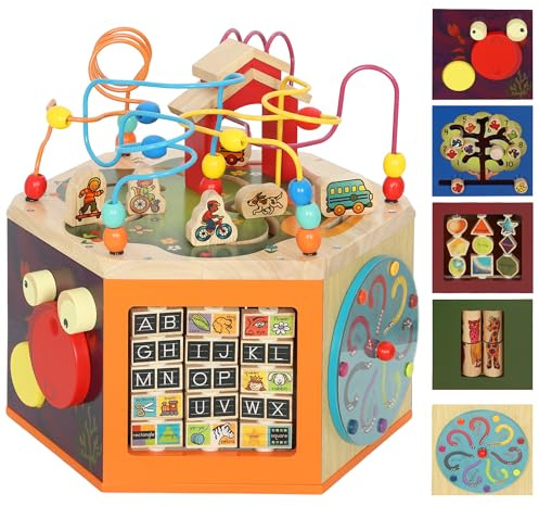 AIYAPLAY Motorikwürfel, 8-in-1 Aktivitätswürfel mit Motorikschleife, Perlenlabyrinth, Formsortierer, Motorikspielzeug Lernspielzeug für Kinder ab 18 Monaten