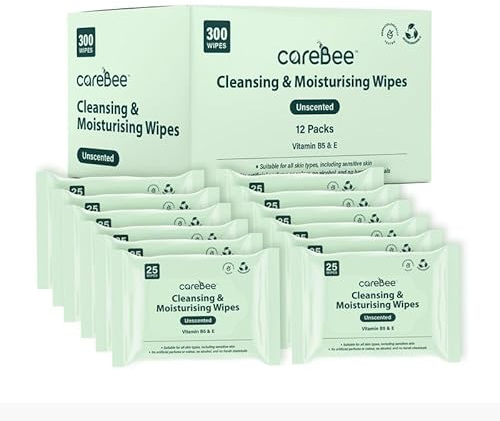 CareBee Plastic-Free Facial Wipes, 25 Wipes Per Pack, Plant-Based & FSC Certified | Biodegradable, Gentle Makeup Remover Wipes | Vegan, Eco-Friendly Cleansing Wipes for All Skin Types (Pack of 12)