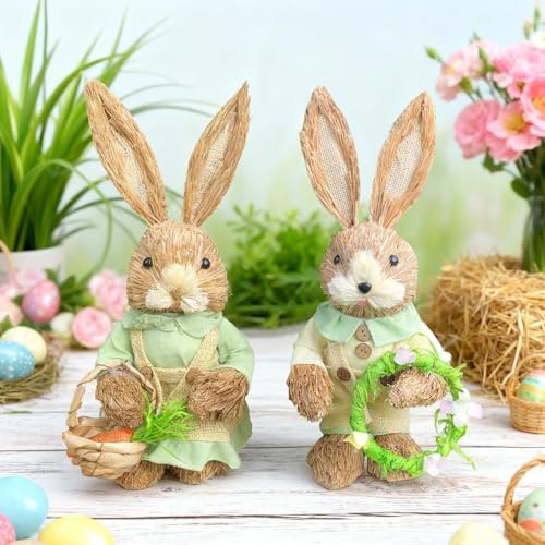 2 Stück Ostern Deko Hase Deko Frühling, Osterdeko Tisch Kaninchen Aus Stroh, 35cm Stehend Osterhasen Figuren Groß, Handgefertigt Ostern Hase Dekoration Frühlingsdeko Innen Outdoor Garten Balkon (A)