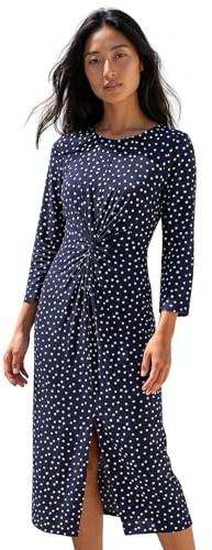 Roman Fit and Flare Dress for Women Ladies Chest Twist Knot Ruched Tea Skater Empire Waist Wedding Guest Smart Casual Swing Midi 3/4 Long Sleeve Knee Length - Petite Spot Navy - Size 14