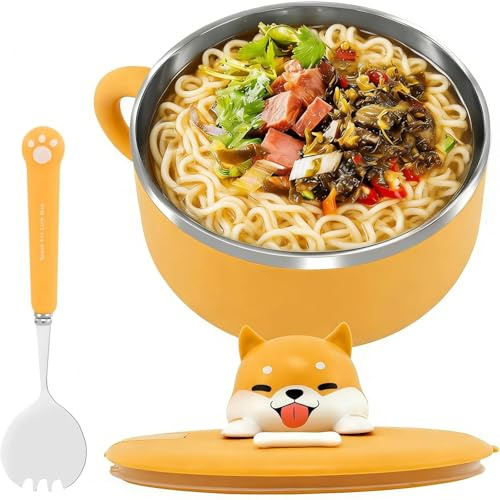 1200ml Instant Noodle Bowl, Stainless Steel Noodle Bowl with Lid & Spork, Heat Resistant Soup Bowl with Handles,Portable Salad Ramen Bowl - Ideal for Office Home and Dorm