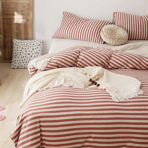 MODASER Red Gray Striped Full/Queen Duvet Cover Set 3-Piece 100% Cotton Ultra Soft T-Shirt Feel Bedding with Zipper Ties